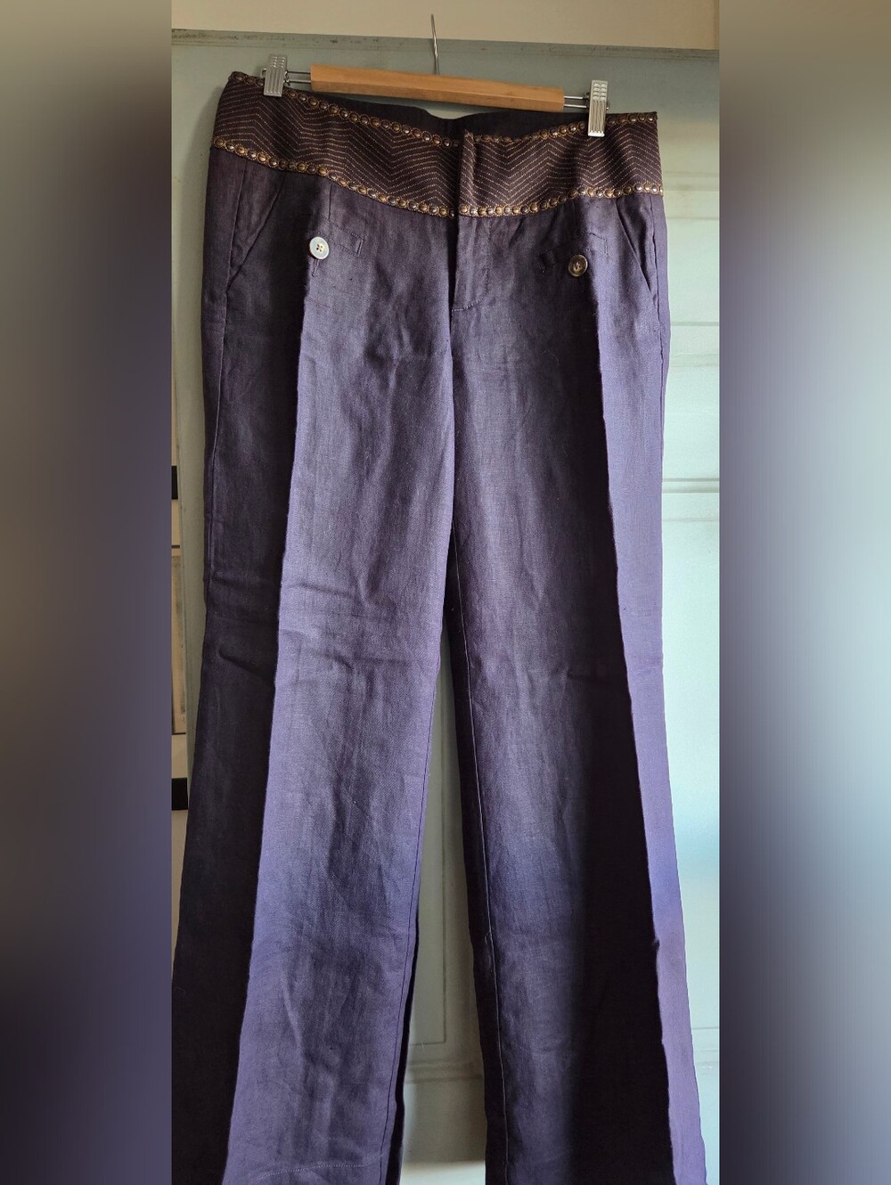 Anthropologie Wide-Leg Linen Pants in Deep Plum with Embroidered Waistband